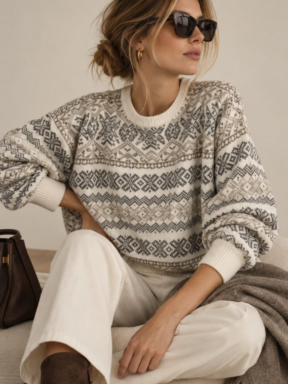 CLAIBORNE | Cream & Brown Patterned Crewneck Sweater – Women’s Medium